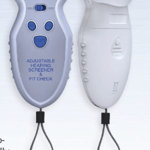 A portable device with an attached cord designed for Adjustable Hearing Screener & Fit Checking.