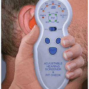A man is holding an Adjustable Hearing Screener & Fit Checker to his ear.