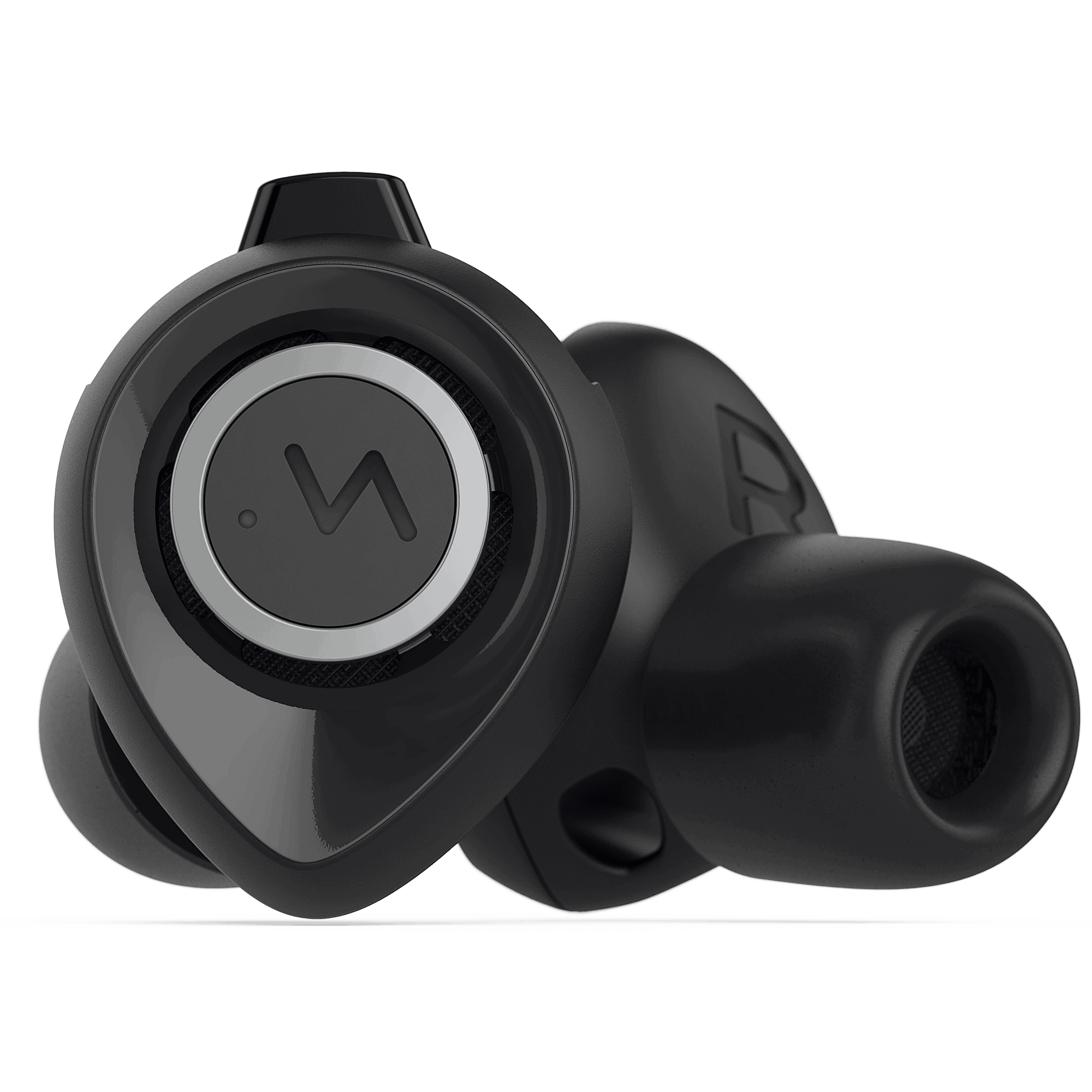 A pair of black earphones with a logo on them designed for minuendo.