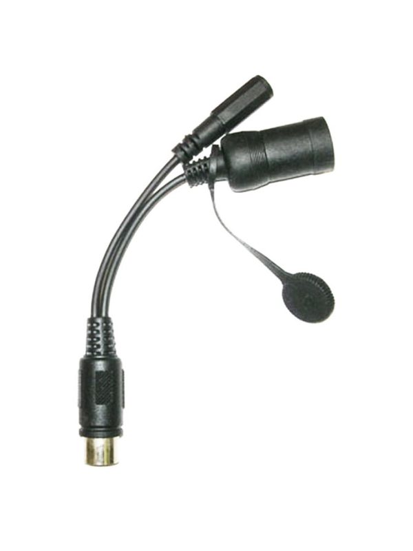 A Motorcycle 5, 6, or 7-pin pigtail cord with a plug and earphone compatibility.