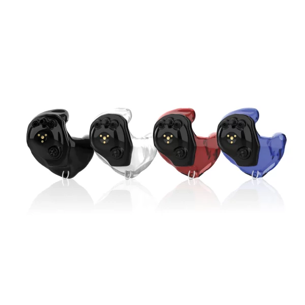 A picture of two different colored Soundgear Phantom customized hearing aids side by side for comparison.