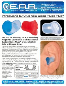 sleepplugz info sheet, custom ear plugs by EAR Hearing Protection, custom earplugs for sleeping