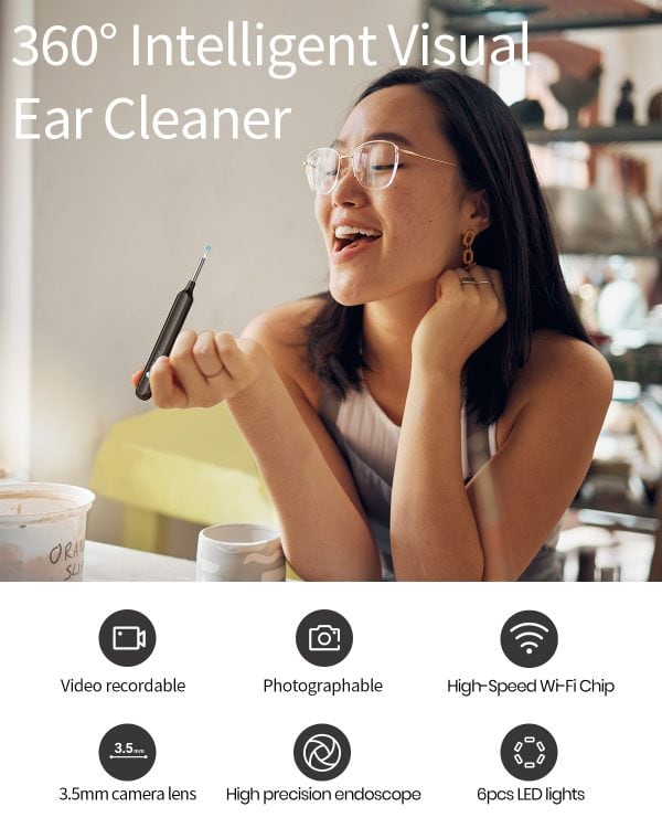 Woman holding a EAR/BeBird X1 otoscope with icons describing that it uses a 3.5mm lens to record images and video. This high precision otoscope uses 6pcs LED lights and a high-speed wi-fi chip.