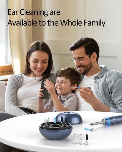 Family watching cell phone video of father cleaning son's ears with EAR/BeBird MS-9 ear wax removal otoscope.