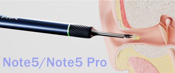 EAR/BeBird digital HD camera Note 5 otoscope removing a piece of ear wax from an ear canal model using the tweezer tips.