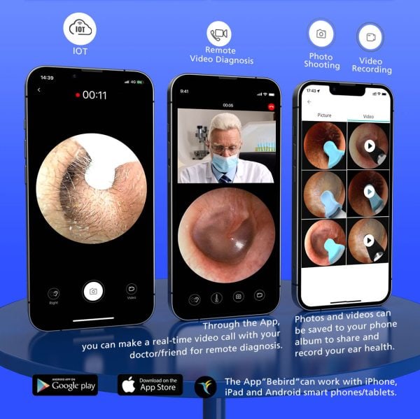 Three smartphones showing EAR/BeBird Note 5 connect to the IoT. Shows a remote diagnosis, photo shooting and video recording.