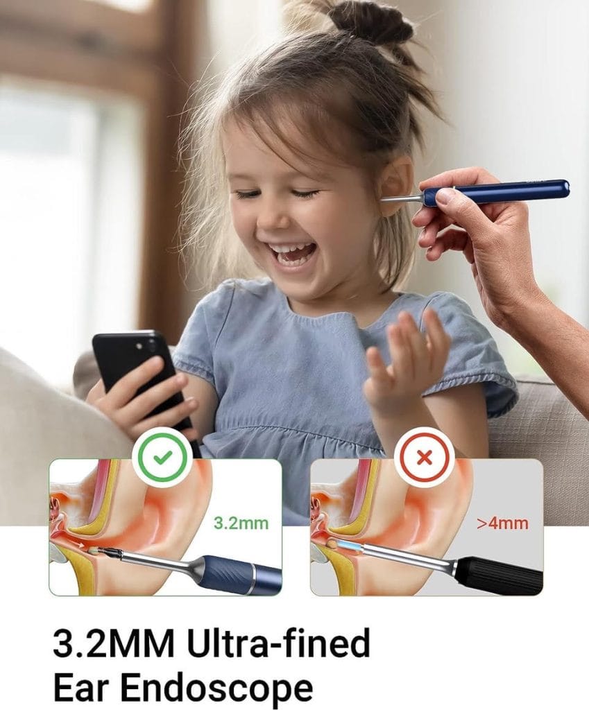Girl holding a smartphone watching someone examine her ears with a digital otoscope