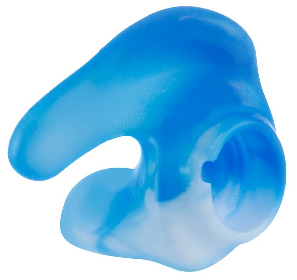 Blue custom molded removable sleeve for wireless earphones.