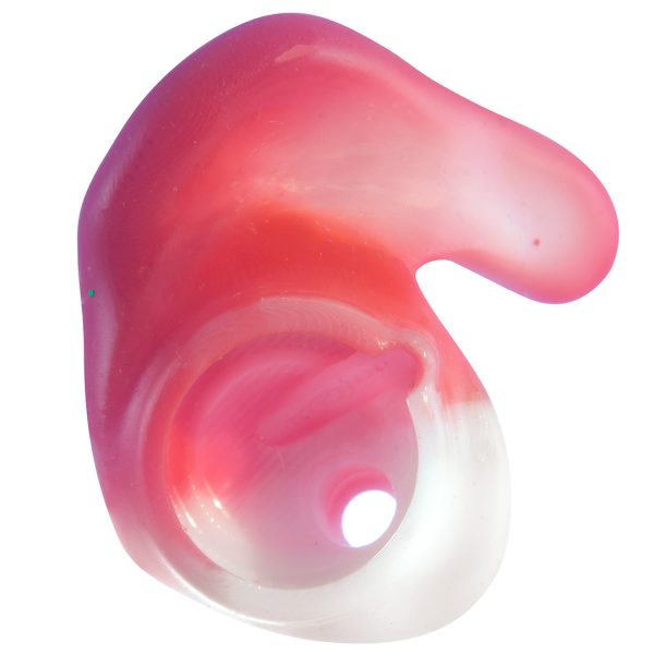 Red custom molded removable sleeve for wireless earphones with hole.