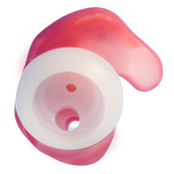 Red custom molded removable sleeve for wireless earphones.