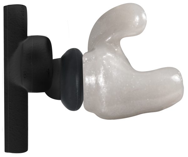 Black ZE8000 wireless bluetooth earbud with custom molded sleeve in gray.