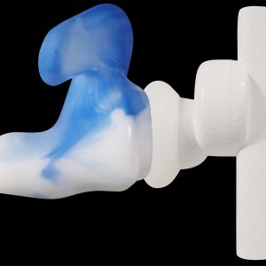 White ZE8000 wireless bluetooth earbud with custom molded sleeve in blue and white.