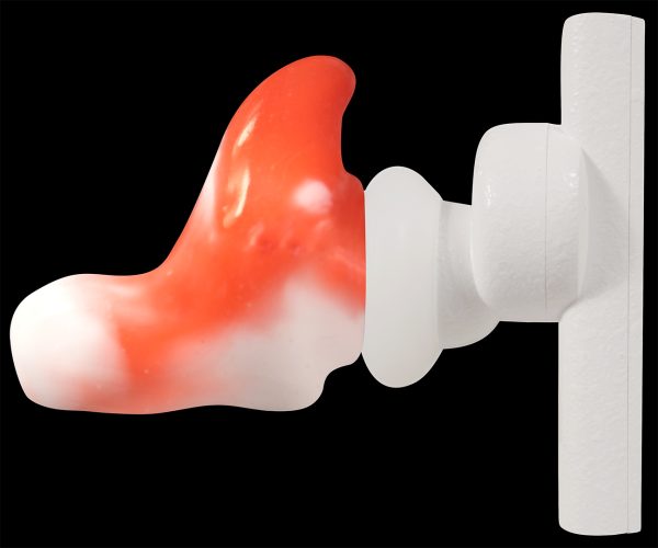 White ZE8000 wireless bluetooth earbud with custom molded sleeve in red and white.