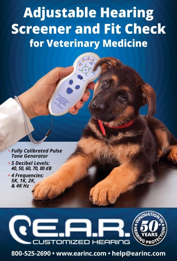 check a pets hearing with the EAR hearing screener tool. Image shows a vet using a pet hearing screener tool to check a dog's hearing. tool from earinc.com